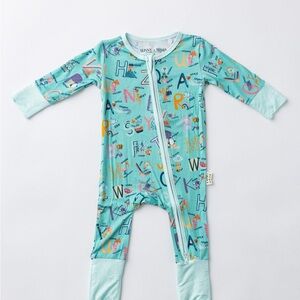 Sunny & Mama Finlee’s blue pastel ABC zipper romper